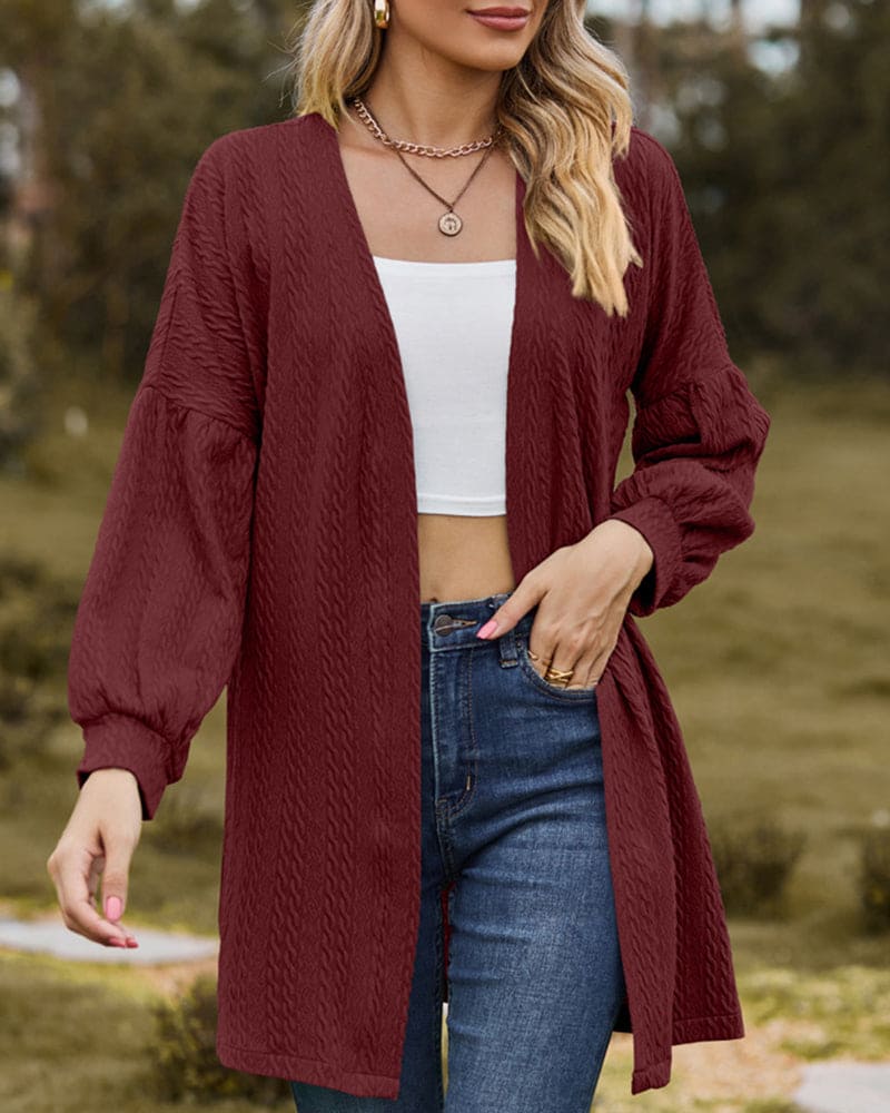 Women's Open-Front Cardigan in Textured Knit, Dramatic Long Voluminous Sleeves, Mid-Thigh Length