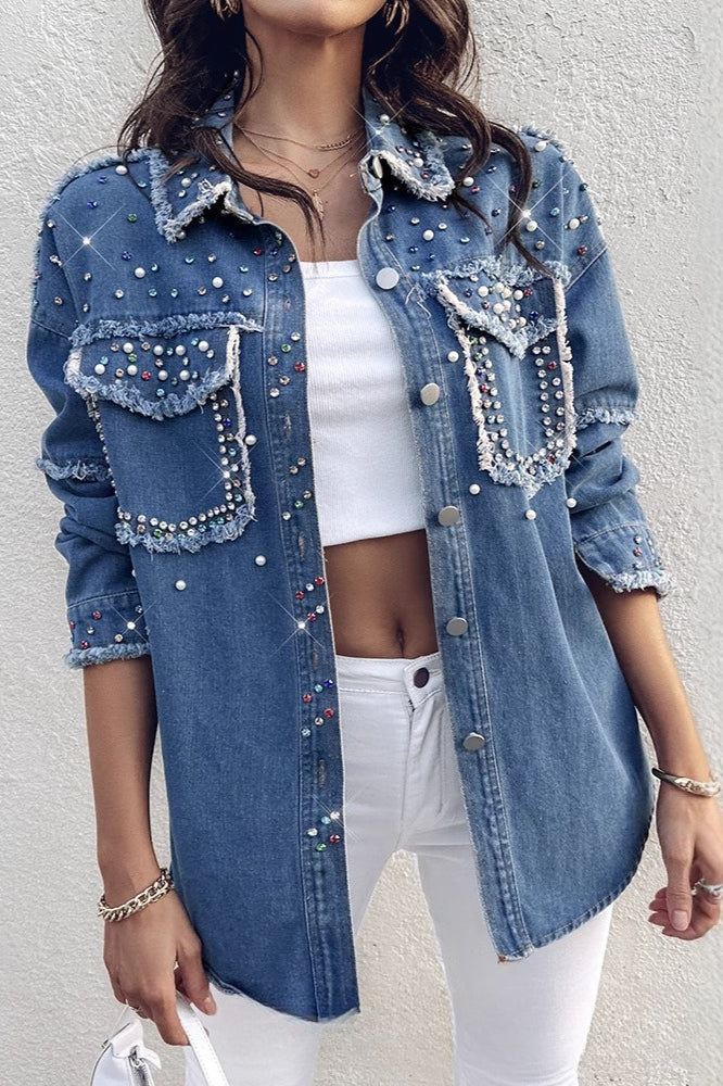 Long-sleeve denim coat with contrasting pearl details