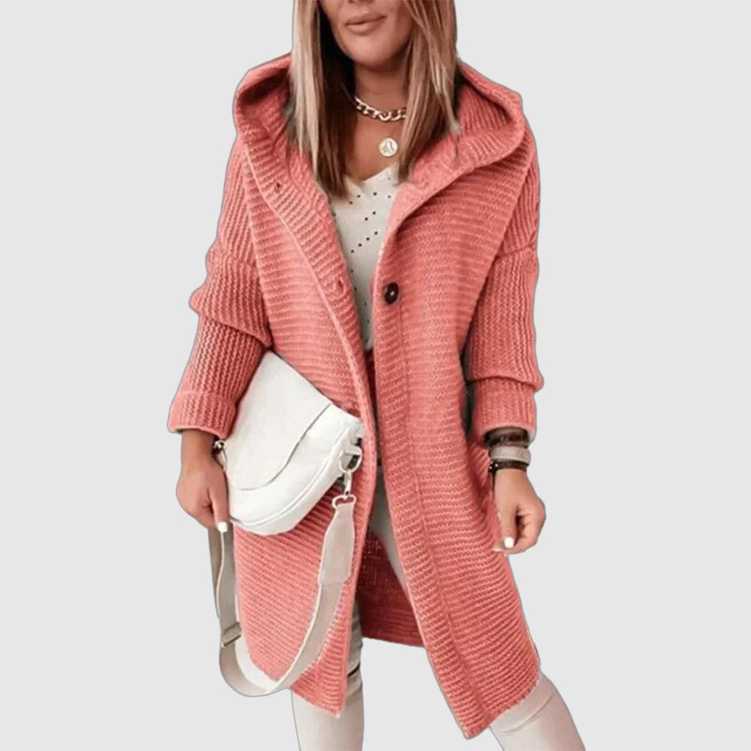 Women's Relaxed-Fit Hooded Cardigan Sweater with Long Sleeves