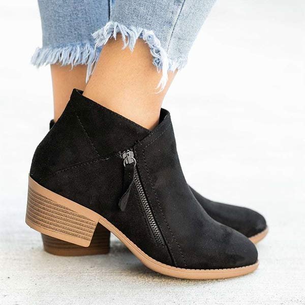 Women's Ankle Boots with Dual Zippers and a Chunky Low Heel