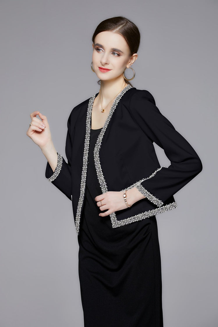 Short jacket with openings and pearls, elegant and fashionable
