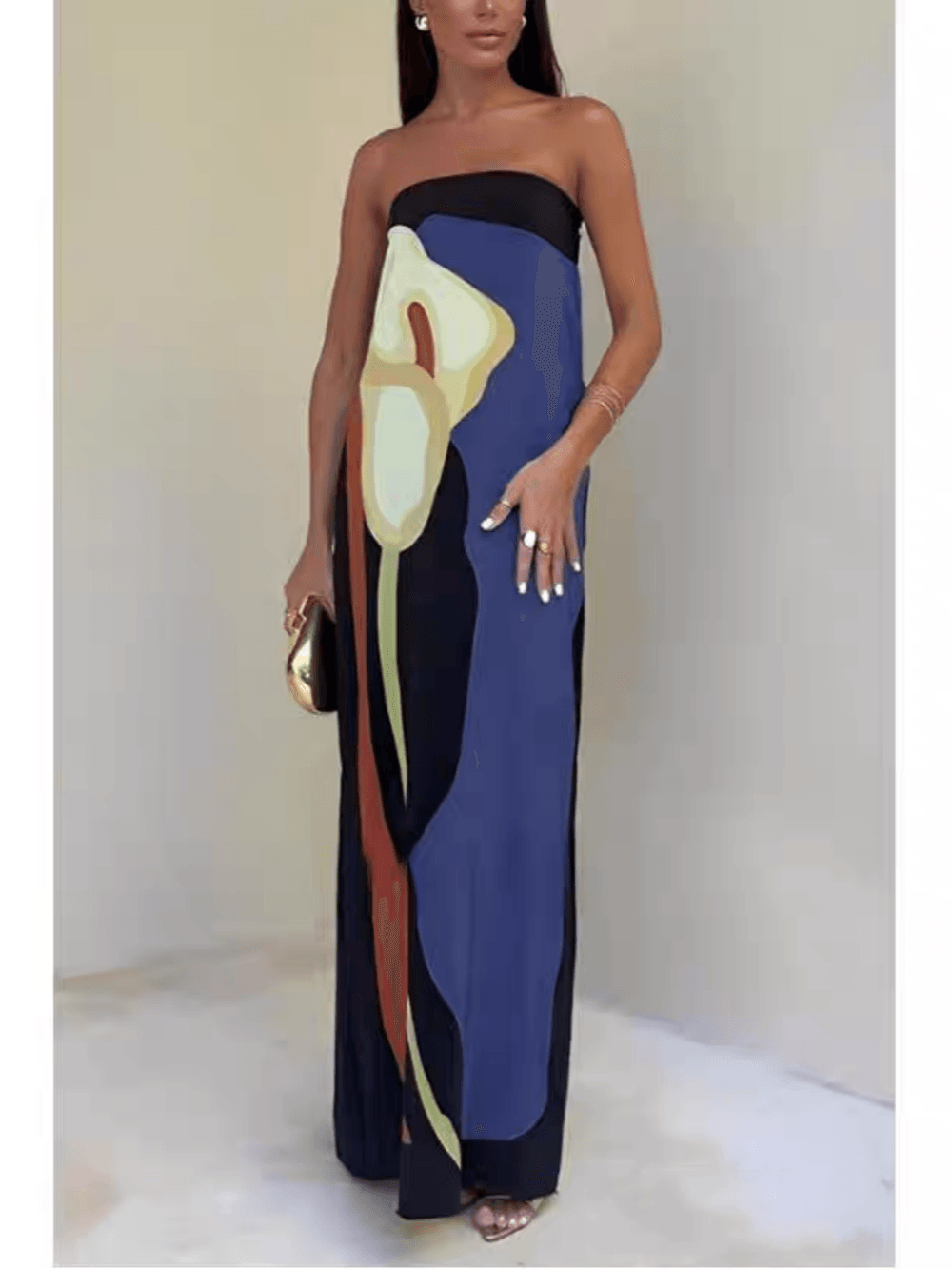 Sleeveless Strapless Color Block Pattern Long Dress