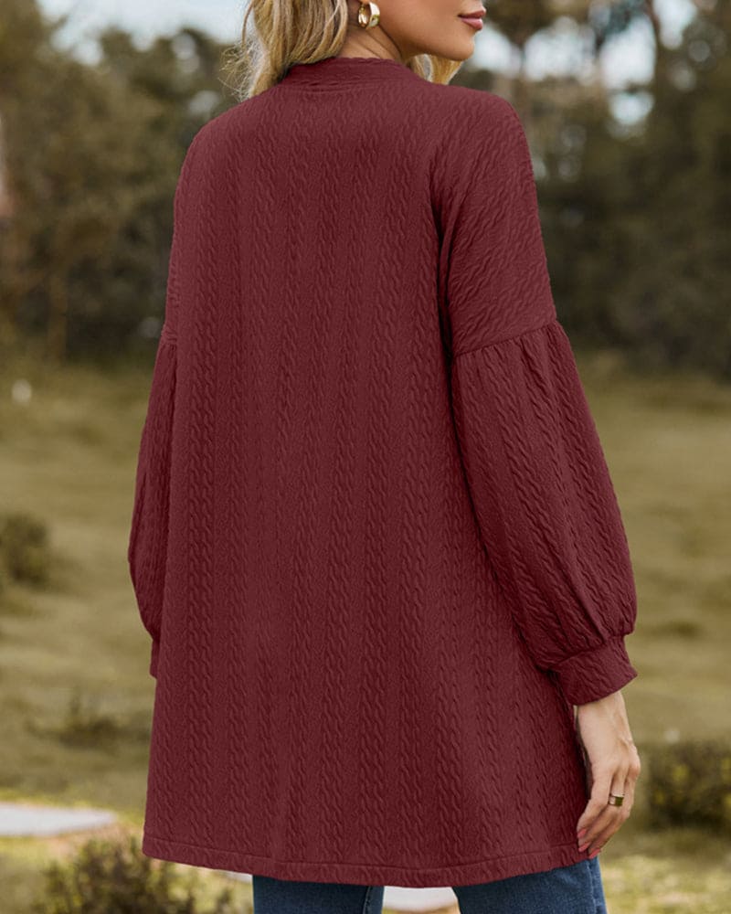 Women's Open-Front Cardigan in Textured Knit, Dramatic Long Voluminous Sleeves, Mid-Thigh Length