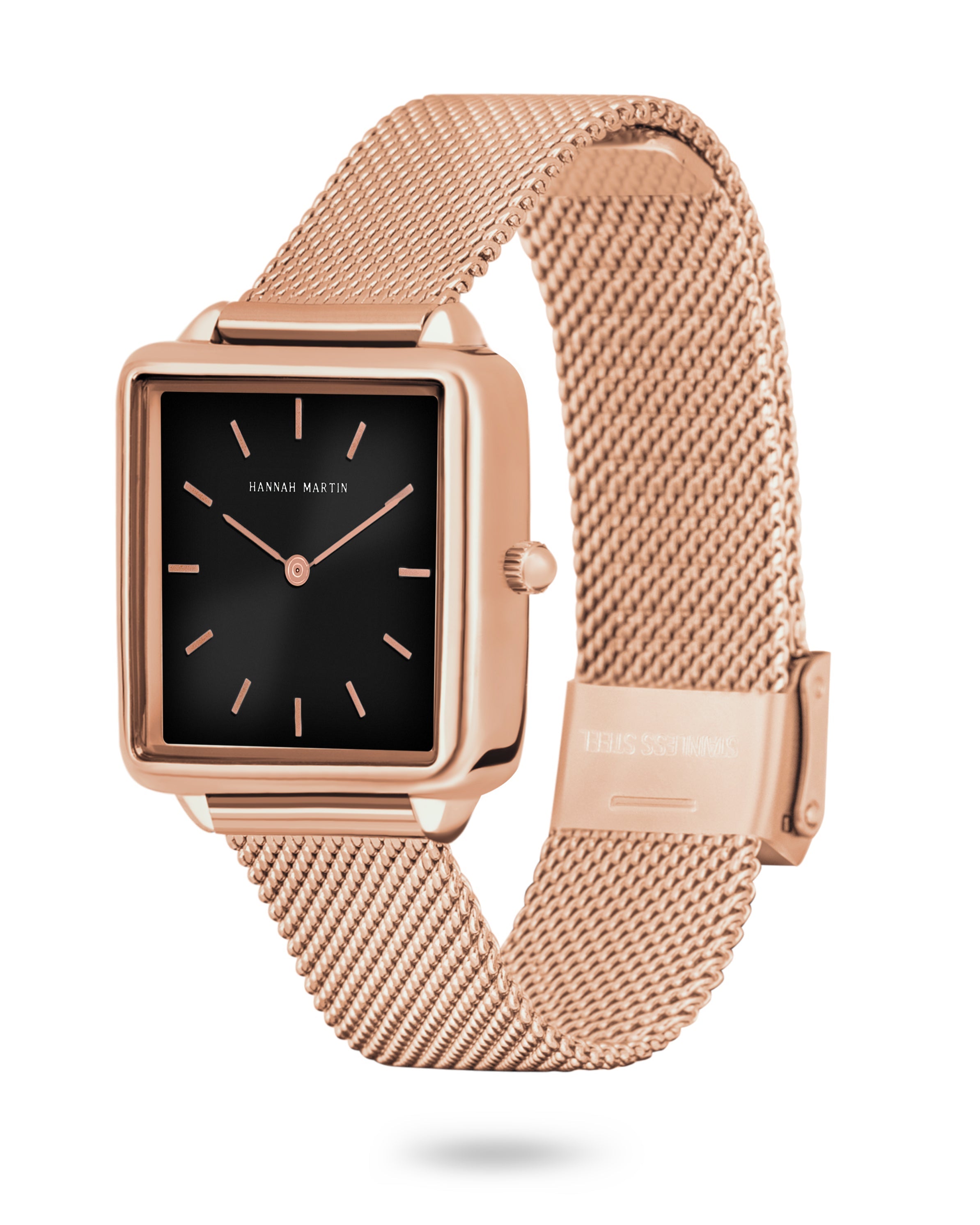 Eclipse - Charming Square Rose Gold Watch with Elegant Black Dial and Luxe Mesh Band