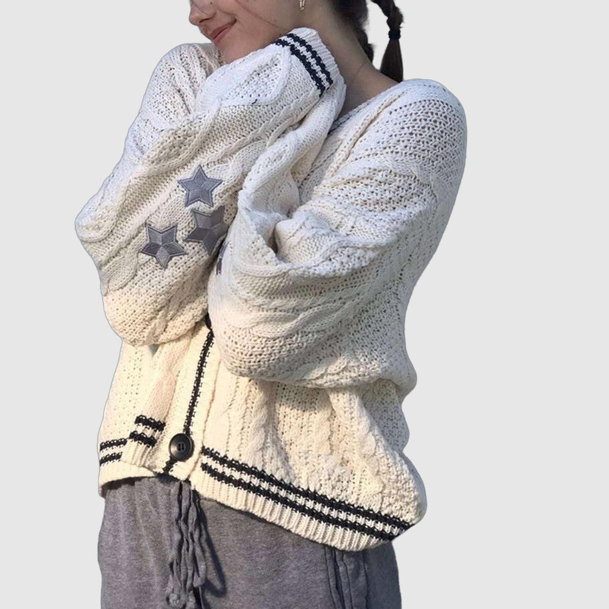 Women's Relaxed-Fit V-Neck Cardigan with Embroidered Star Pattern and Long Sleeves