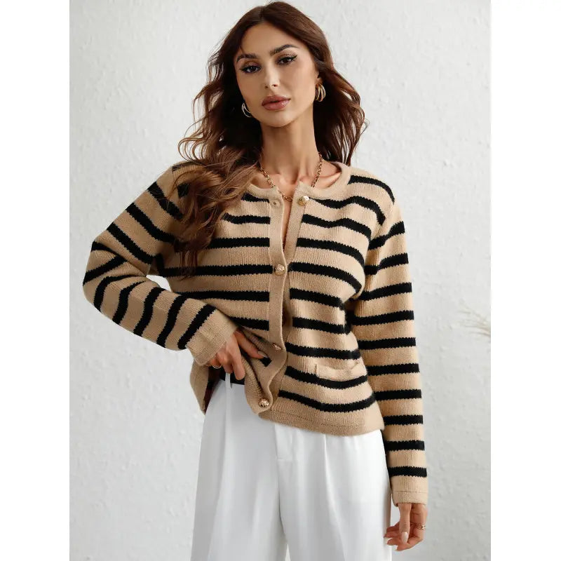 Women's Striped Button-Front Cardigan for Effortless Classic Casual Style