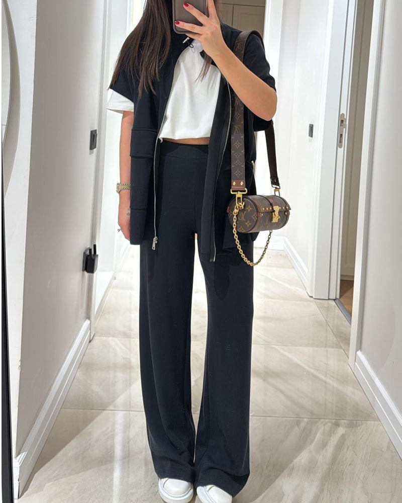 Elegant ensemble with trendy top and stretch waistband pants for a perfect look