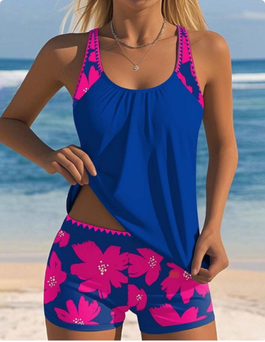 Ellen | Floral-Print Tank Top Swimsuit Set with Matching Boxer Shorts