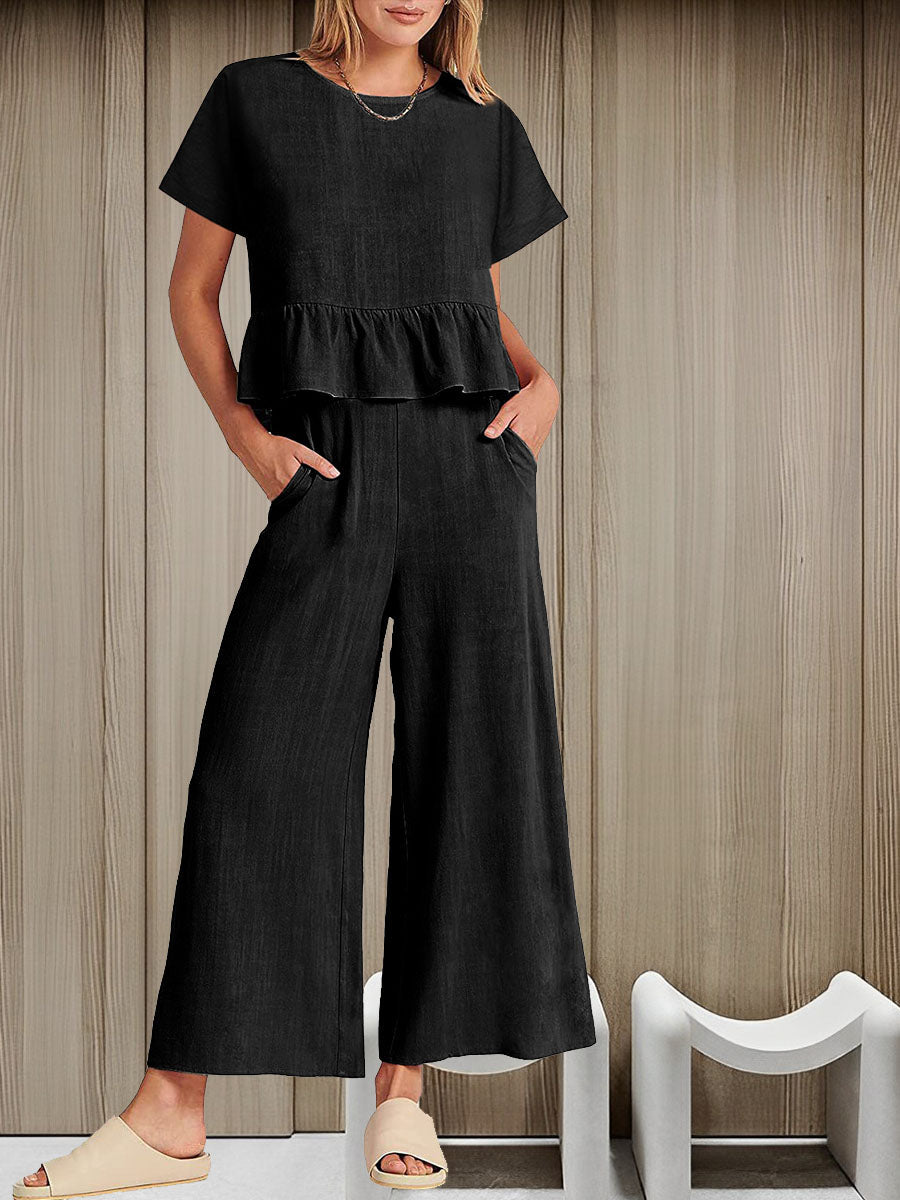 Two-piece ensemble with pleated short-sleeve blazer