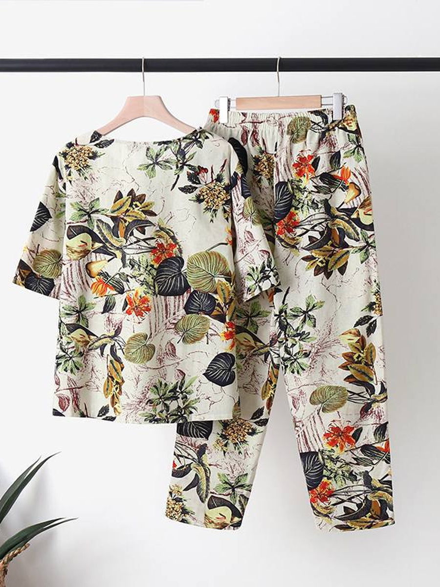 Two-Piece Floral Print Set with Round Neck