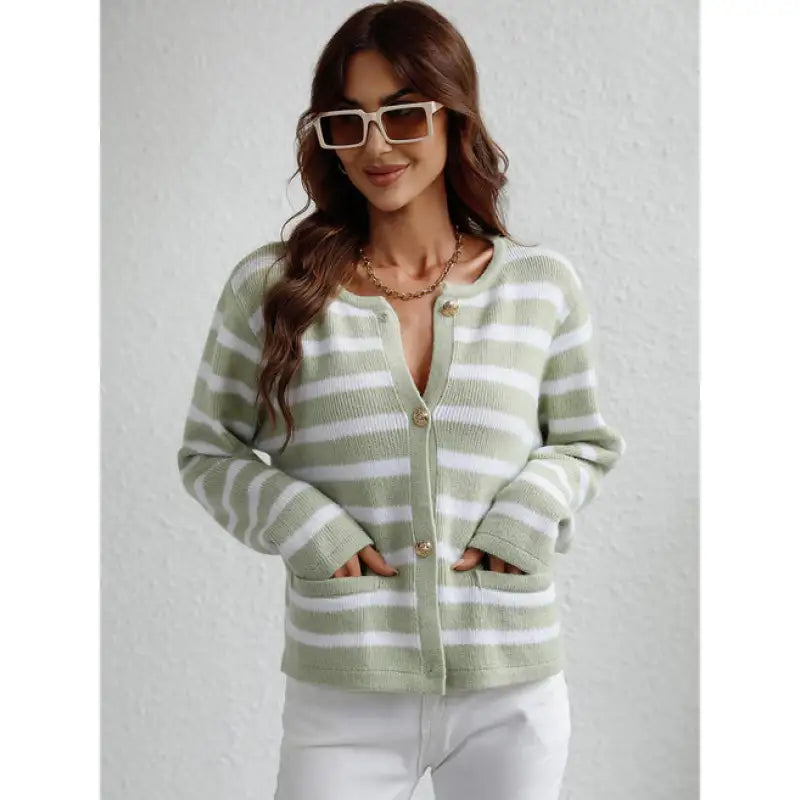 Women's Striped Button-Front Cardigan for Effortless Classic Casual Style
