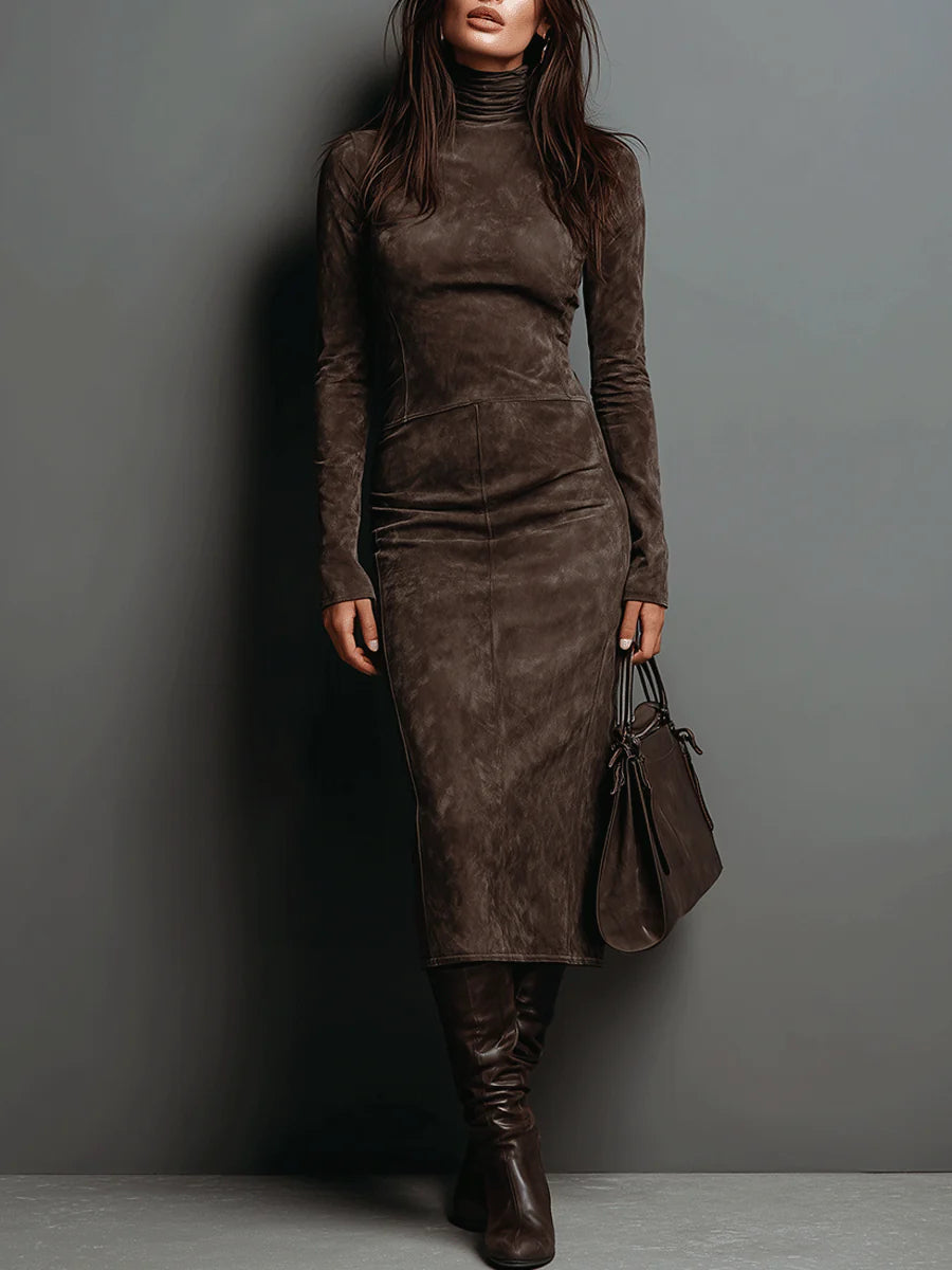 Elegant High-Collar Long-Sleeve Midi Dress made of Suede