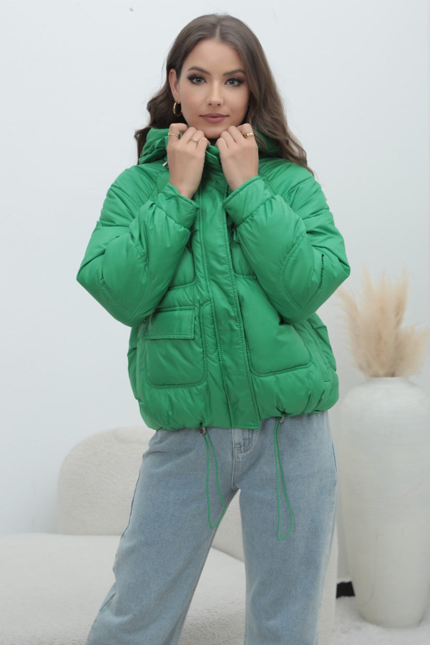 Bright colorful down coat with a short collar
