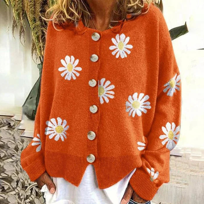 Women's Daisy-Embroidered Button-Down Cardigan with Floral Detail