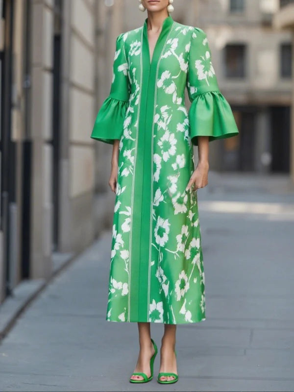 Flowy Maxi Dress with Bell Sleeves and Floral Pattern with Elegant Side Slit