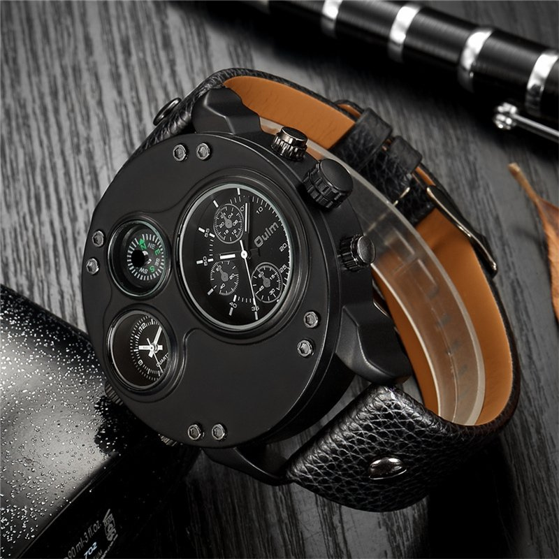 Elegant Black Leather Chronograph Watch with Dual Time Zones
