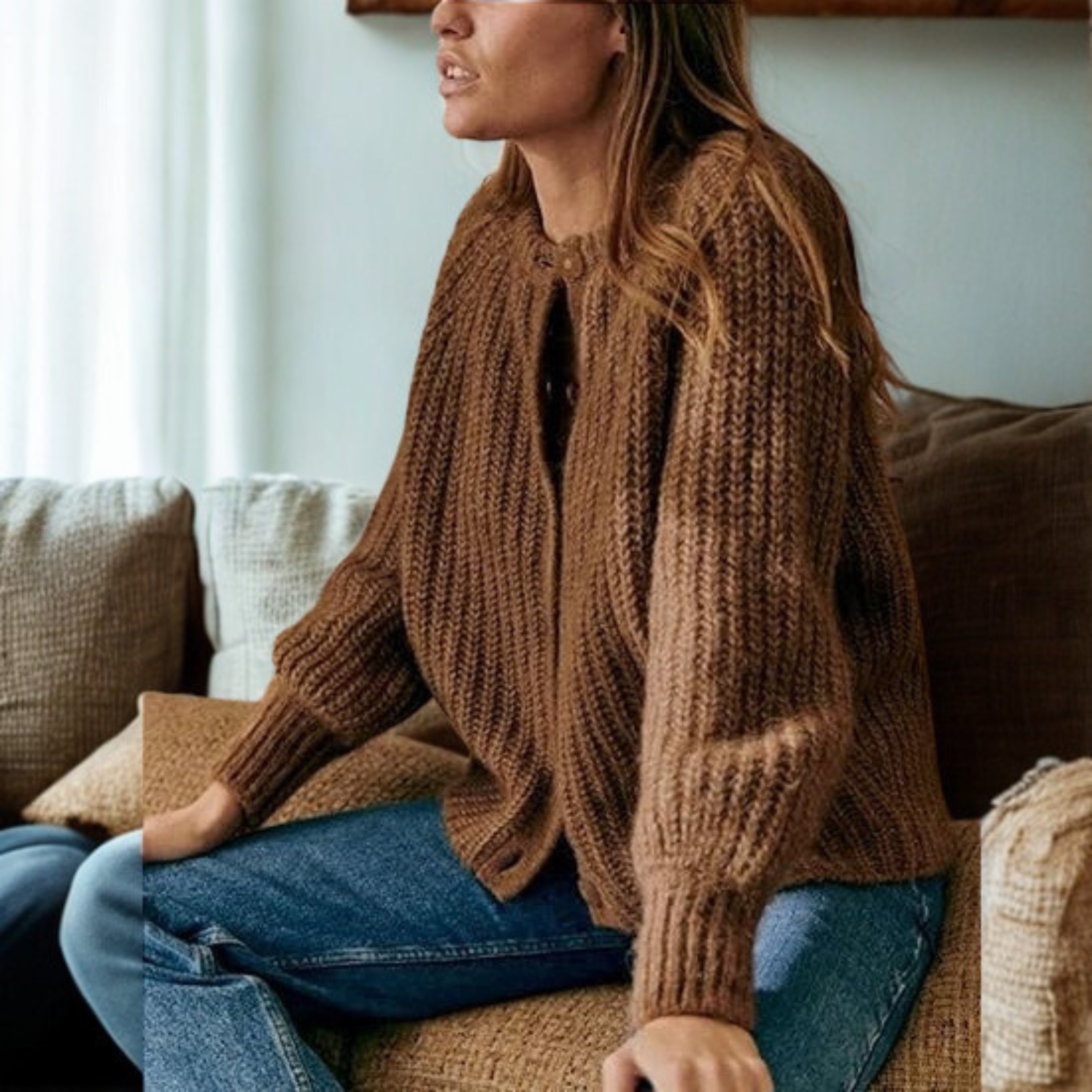 Cozy Solid Button-Down Cardigan, Long Sleeve, Round Neck