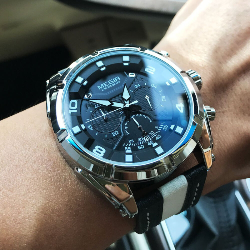 Luxury Sports Chronograph Watch in Military Leather