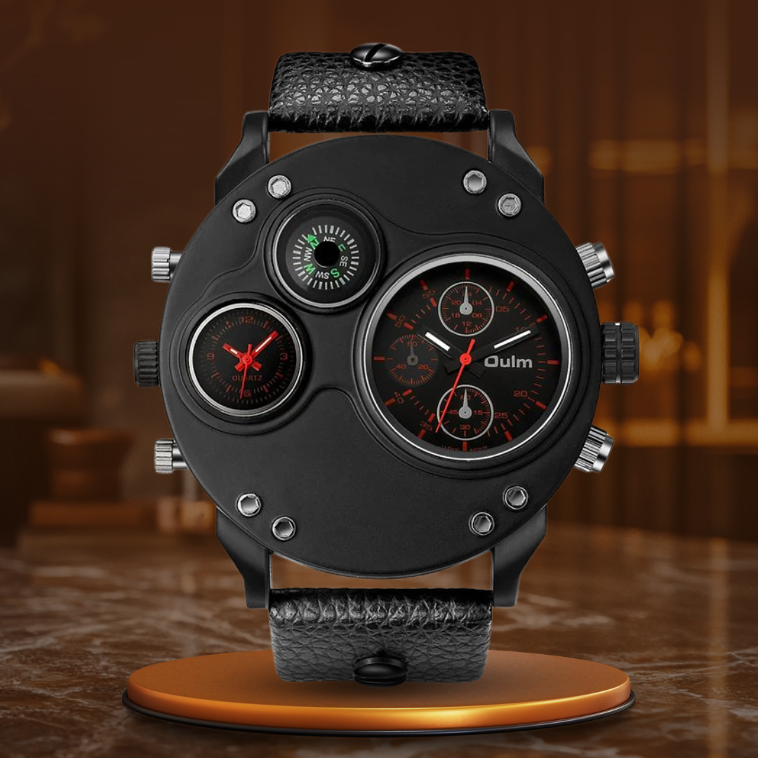 Elegant Black Leather Chronograph Watch with Dual Time Zones