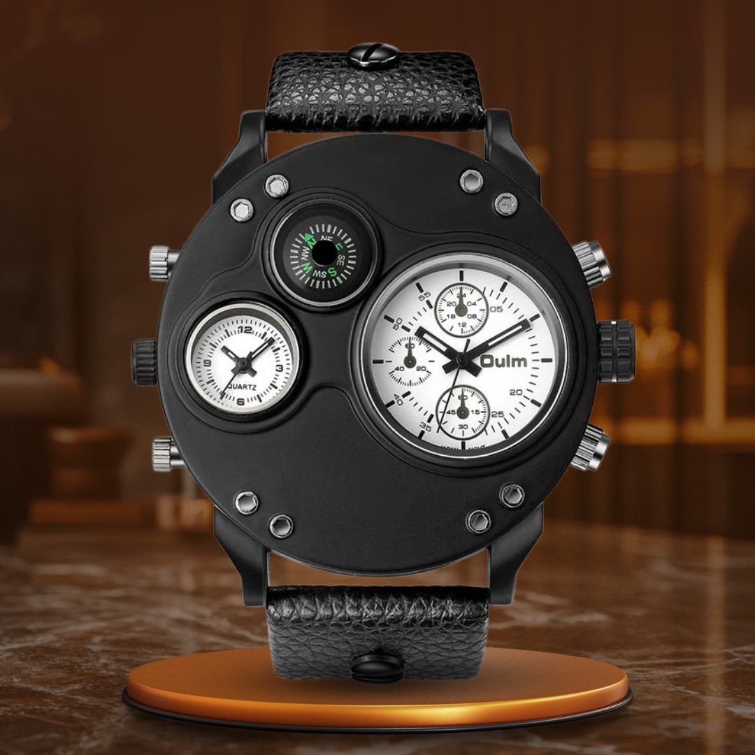 Elegant Black Leather Chronograph Watch with Dual Time Zones