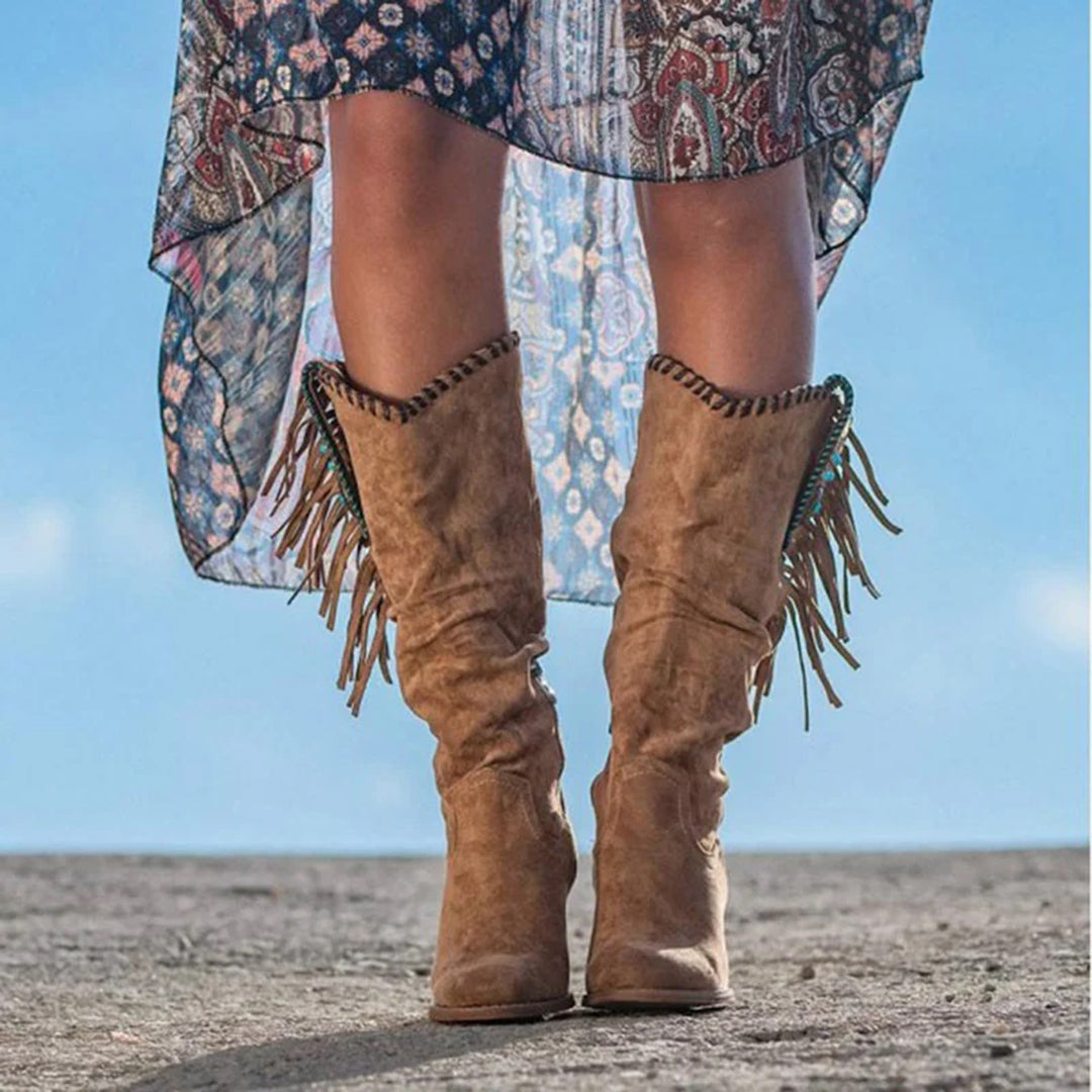 Women's Knee-High Western Boots with Fringe & Stud Detailing on a Sleek Block Heel