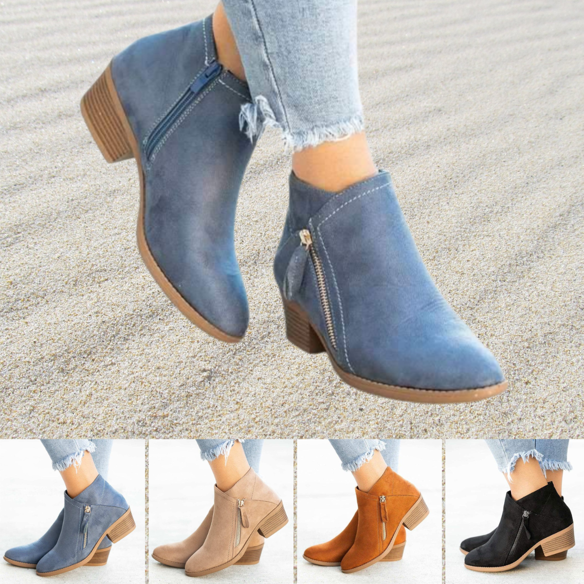 Women's Ankle Boots with Dual Zippers and a Chunky Low Heel