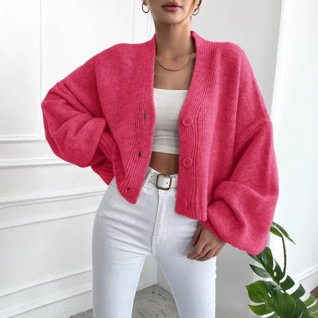 Effortless Casual Cropped Cardigan with Lantern Sleeves