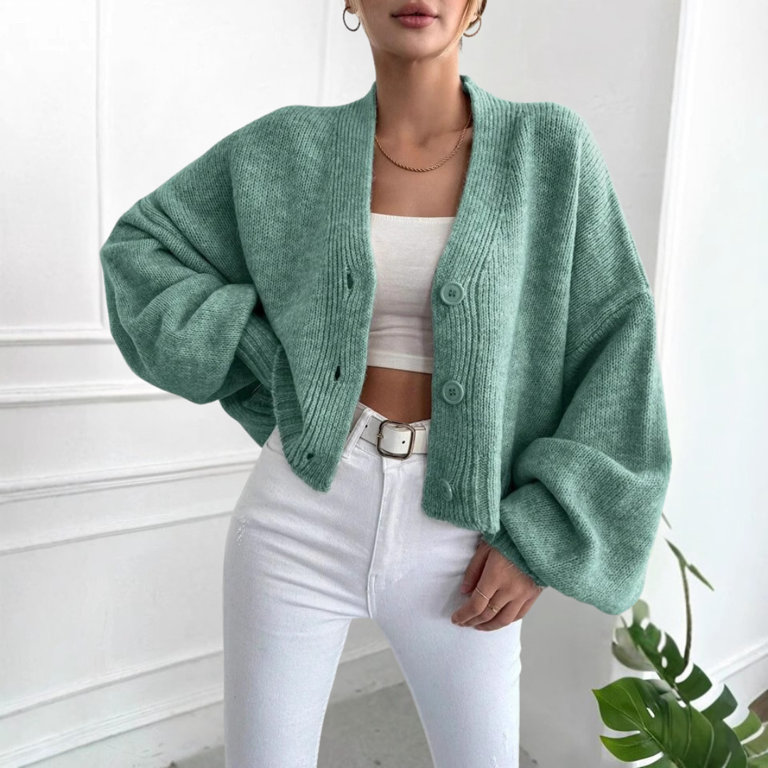 Effortless Casual Cropped Cardigan with Lantern Sleeves