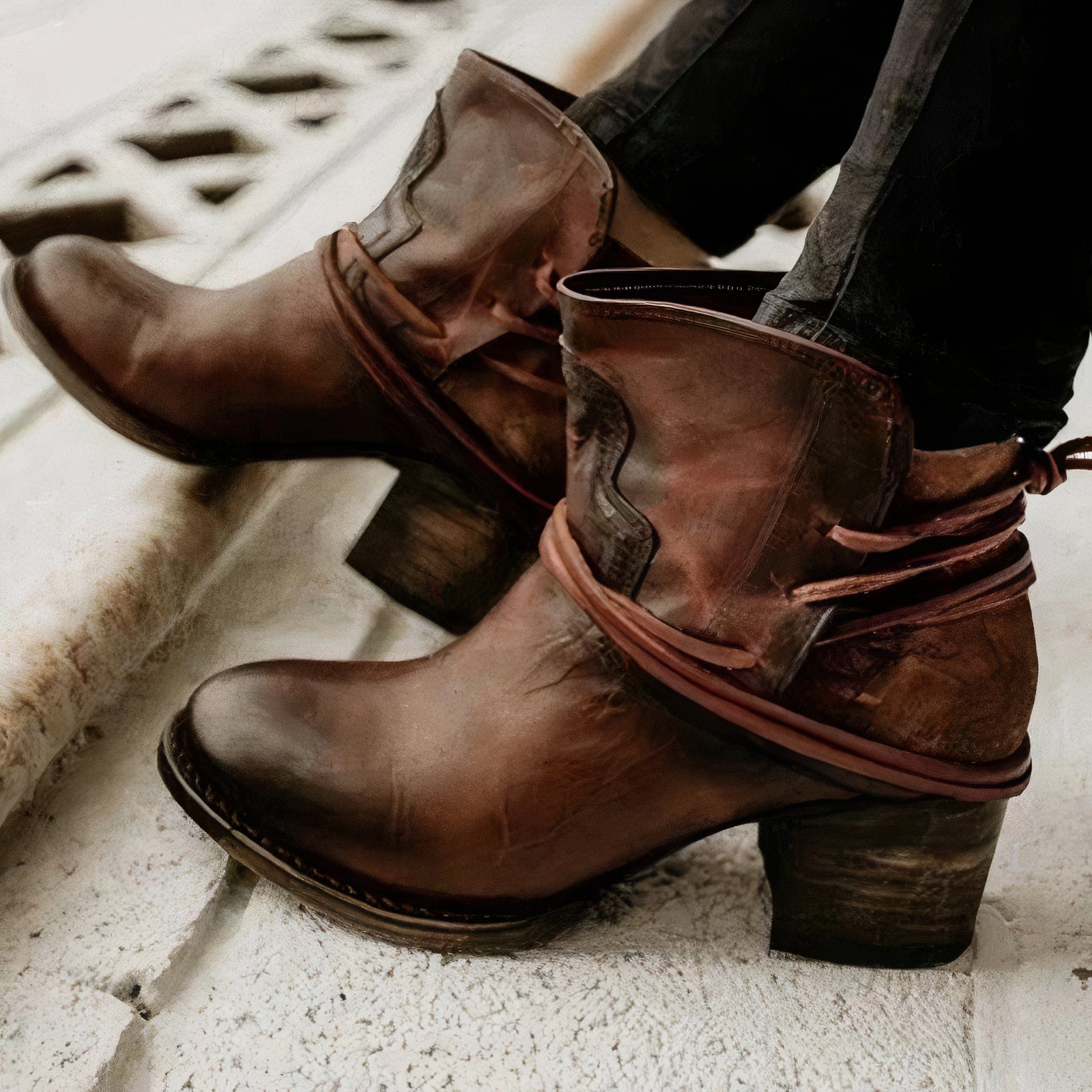 Women's Leather Ankle Boots – Western-Style with Block Heel and Wrapped Lacing Detail