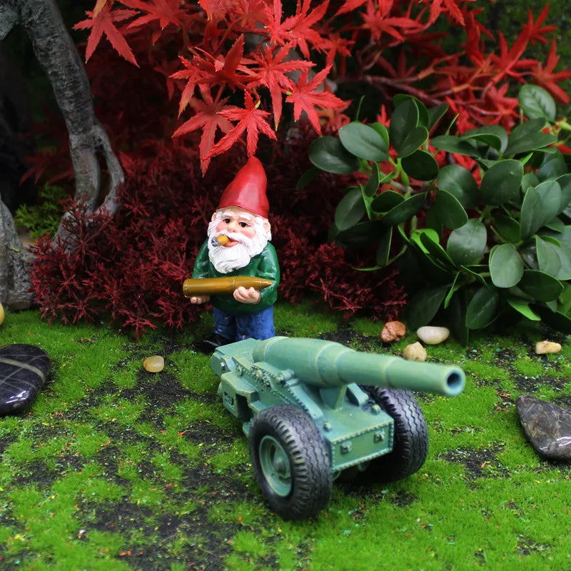 Palladia - 2-Piece Mini Resin Gnome Statue with Cannon for Play Fun