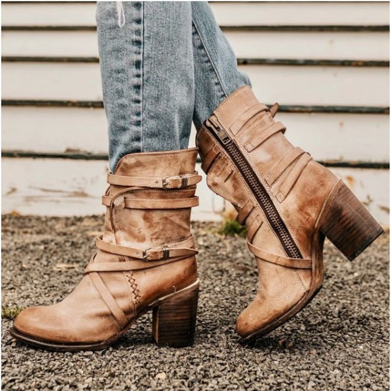 Women's Leather Ankle Boots - Slouchy Distressed Design with Buckle Strap Details and a Bold Block Heel