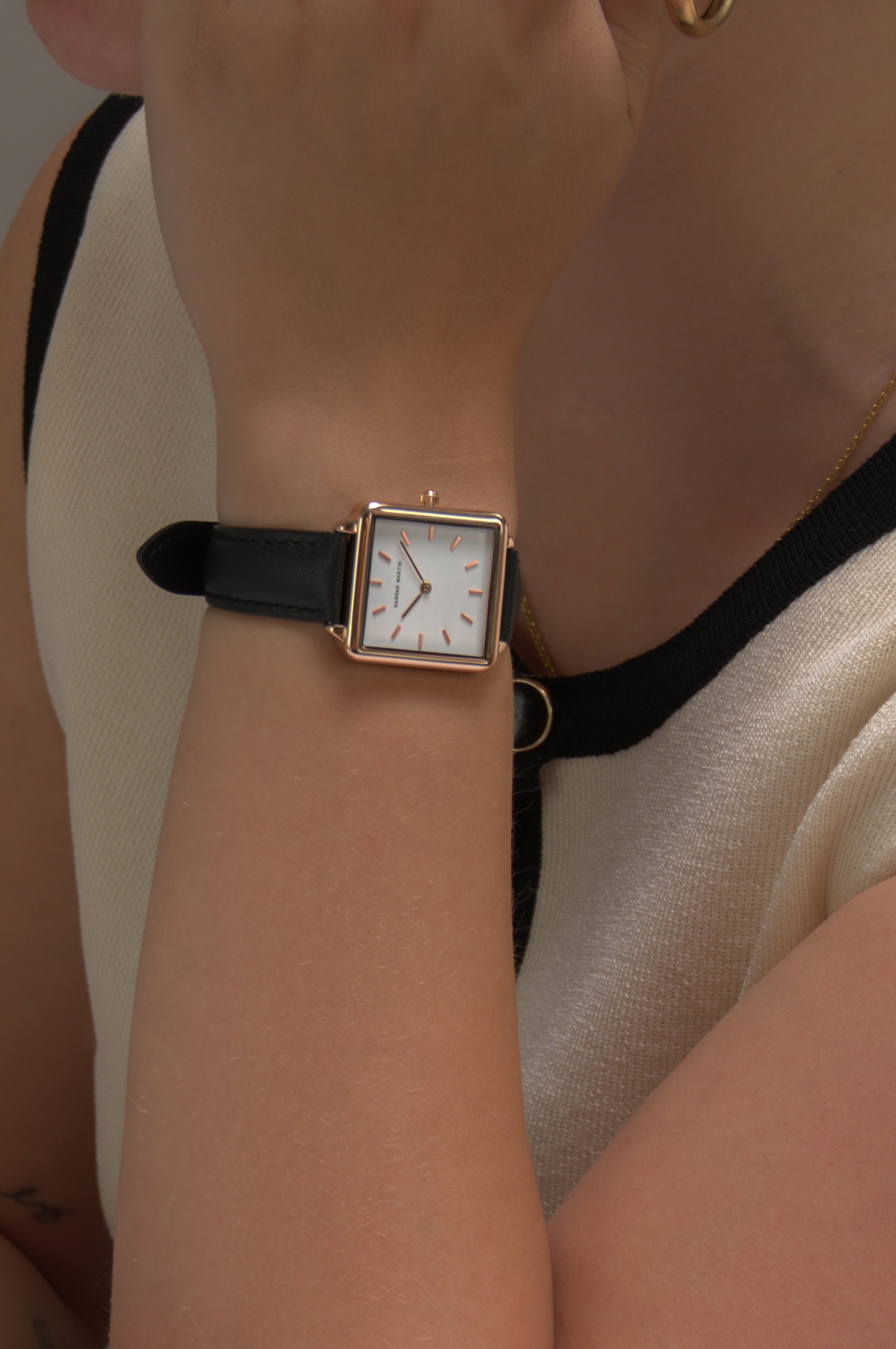 Avenue - Elegant Square Women's Watch with Rose Gold Finish, Sparkling White Dial, and Stylish Black Leather Strap