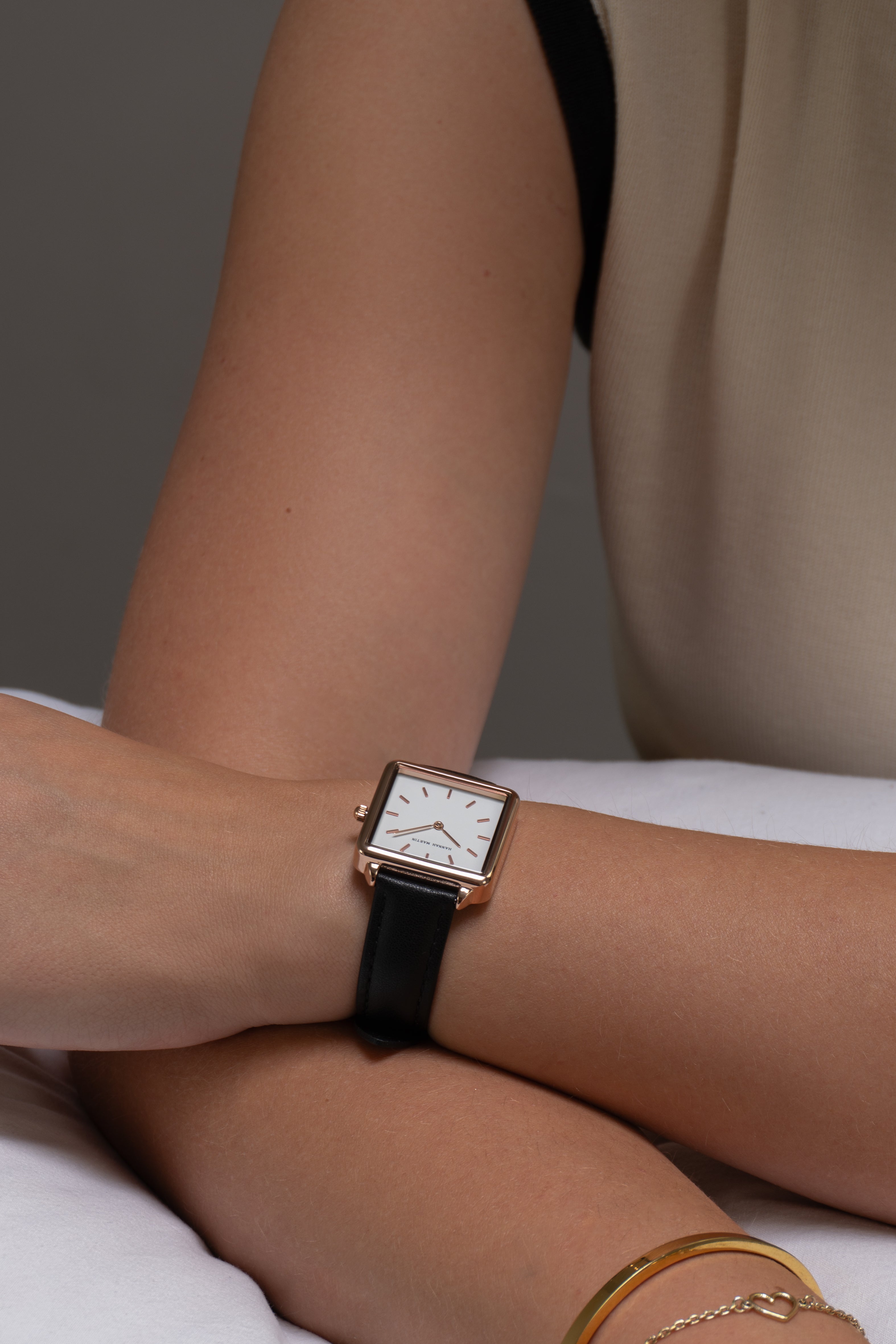 Avenue - Elegant Square Women's Watch with Rose Gold Finish, Sparkling White Dial, and Stylish Black Leather Strap