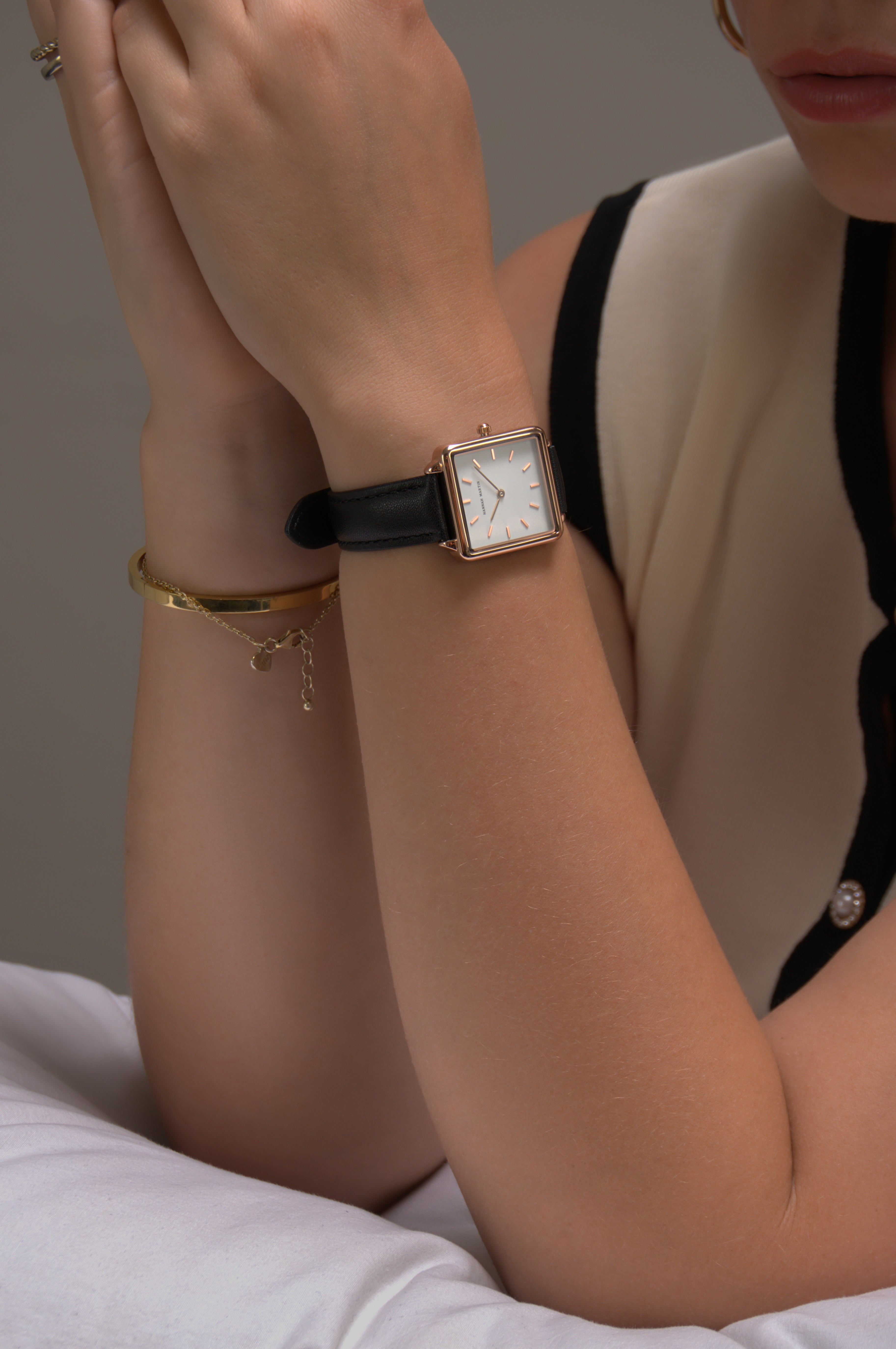 Avenue - Elegant Square Women's Watch with Rose Gold Finish, Sparkling White Dial, and Stylish Black Leather Strap