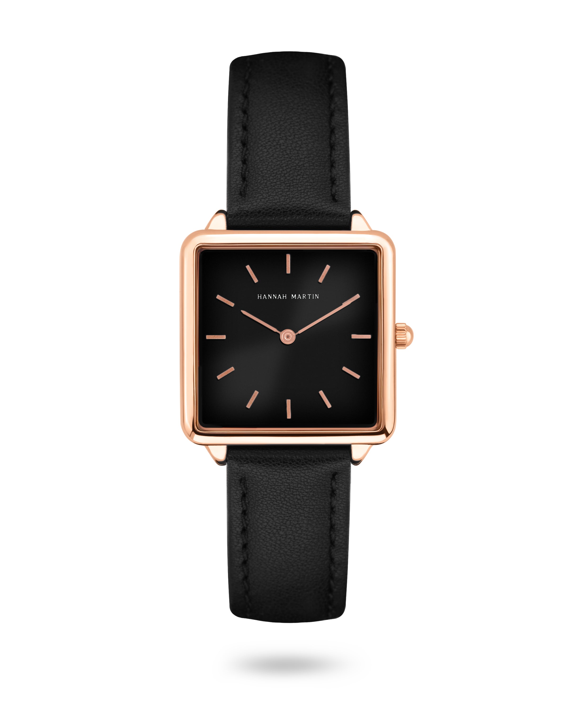 Black Square Watch with Rose Gold Finish, Elegant Black Dial, and Luxury Black Leather Strap