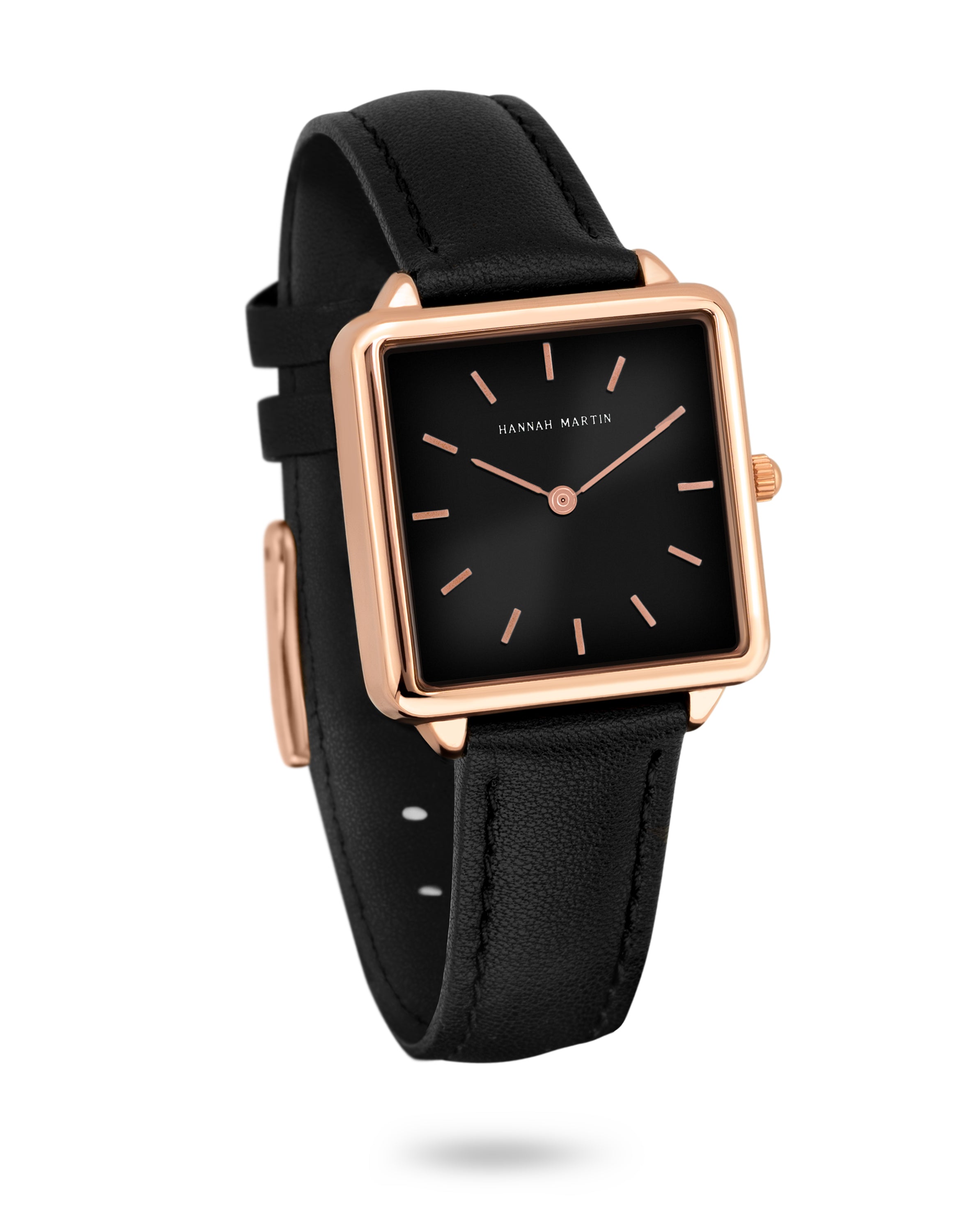 Black Square Watch with Rose Gold Finish, Elegant Black Dial, and Luxury Black Leather Strap