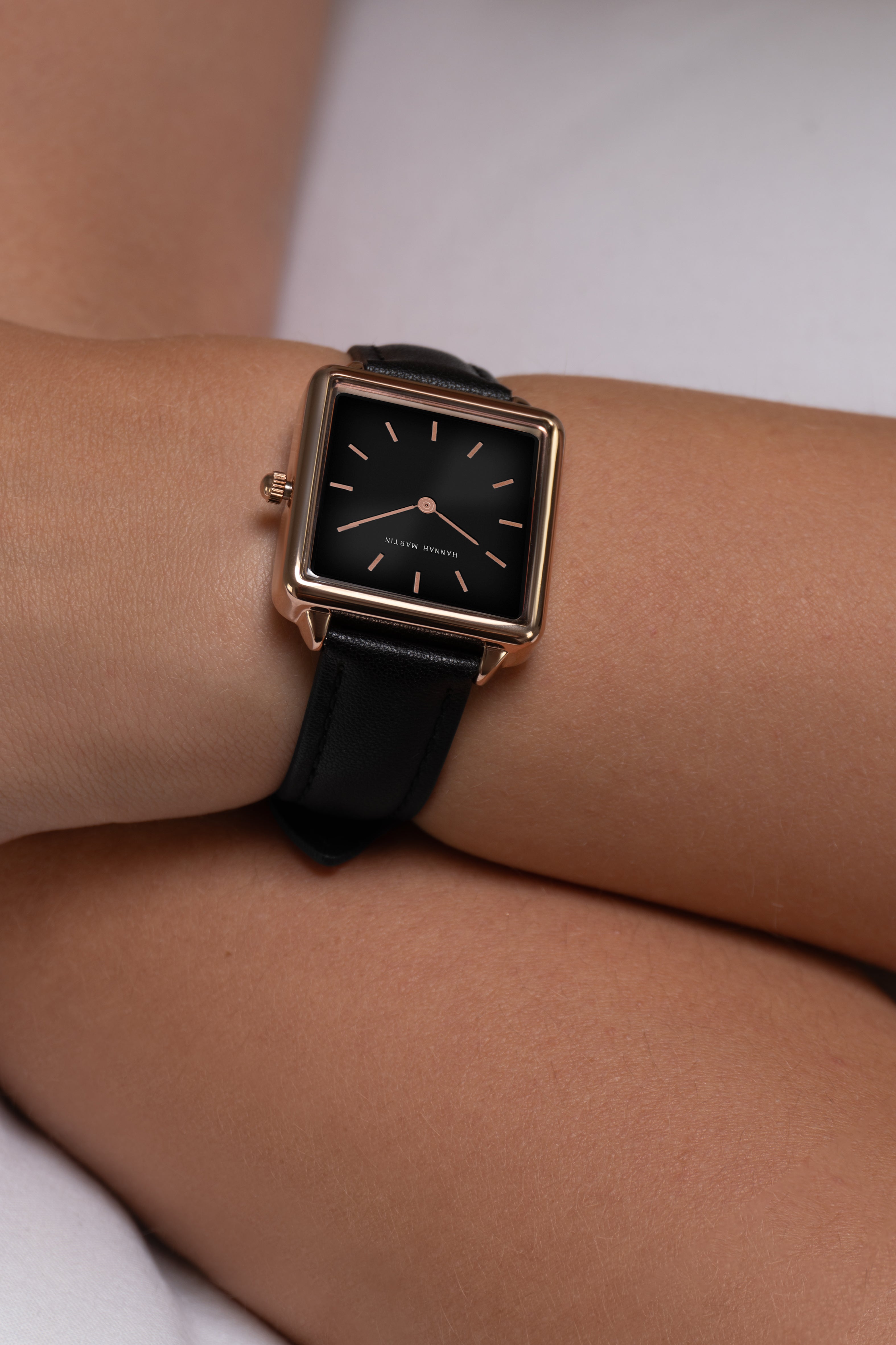 Black Square Watch with Rose Gold Finish, Elegant Black Dial, and Luxury Black Leather Strap