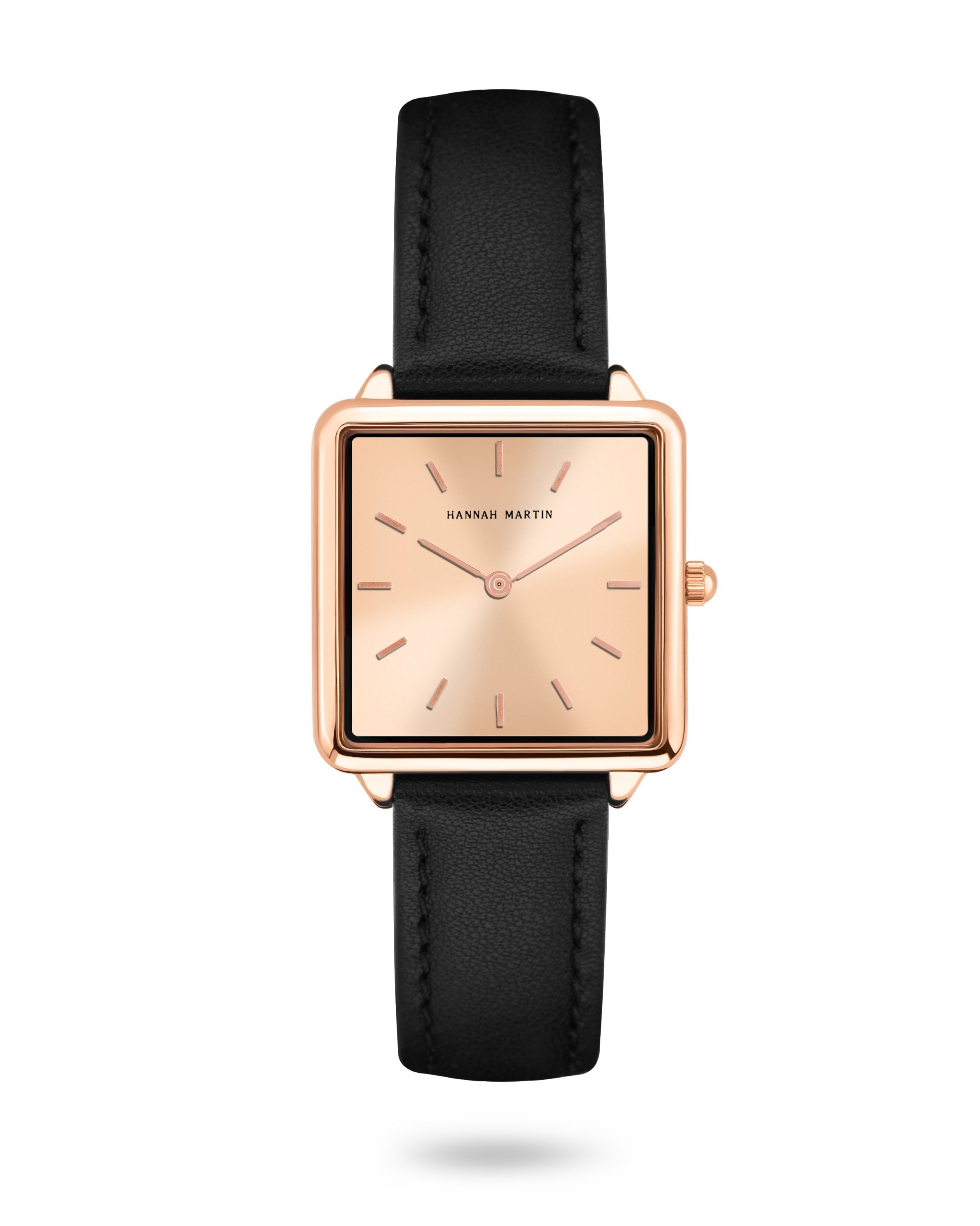 Aurora - Square Watch in Rose Gold with Elegant Champagne-Colored Dial and Luxurious Black Leather Strap