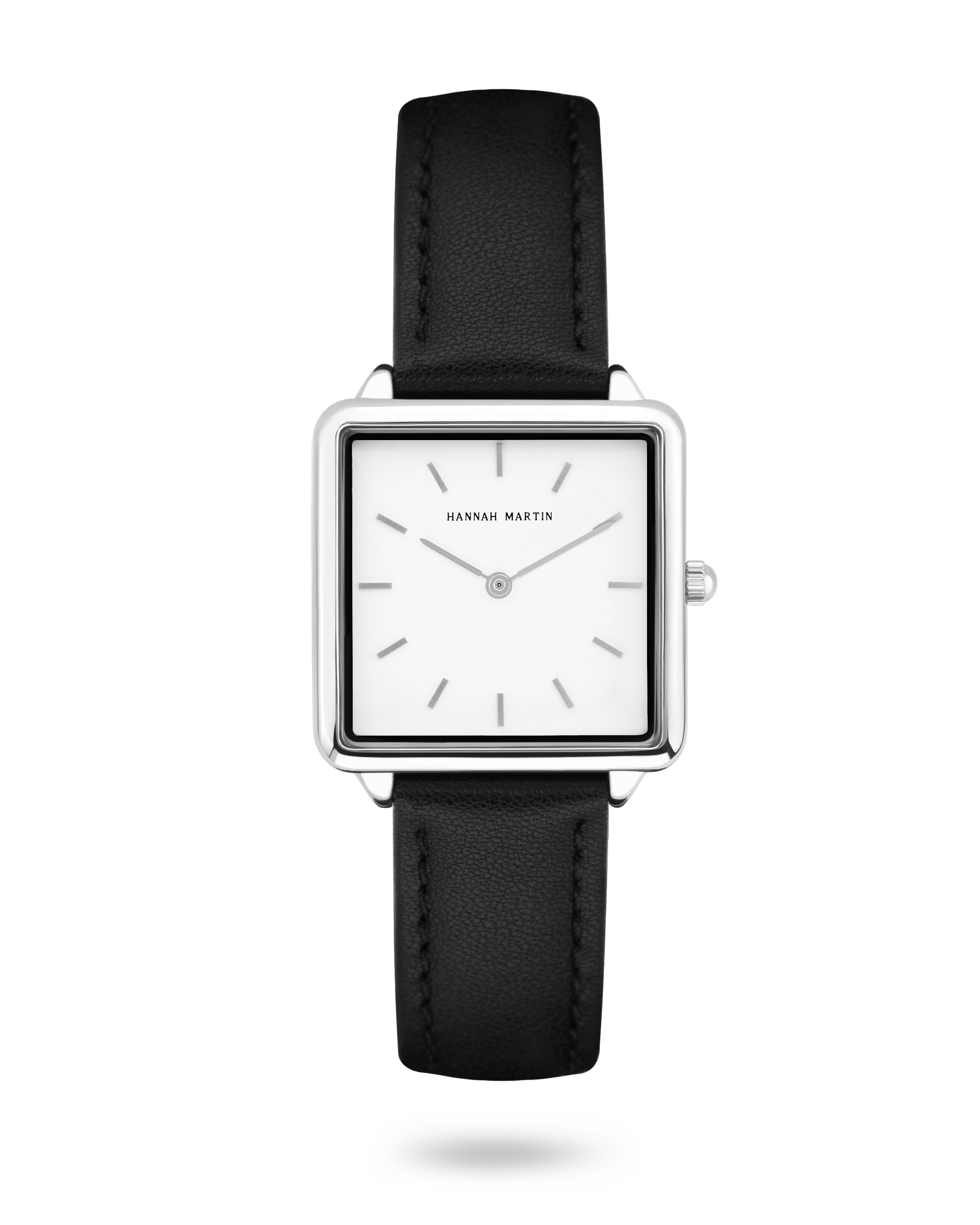 Elegant Celeste Square Watch in Silver with Sparkling White Dial and Luxury Black Leather Strap