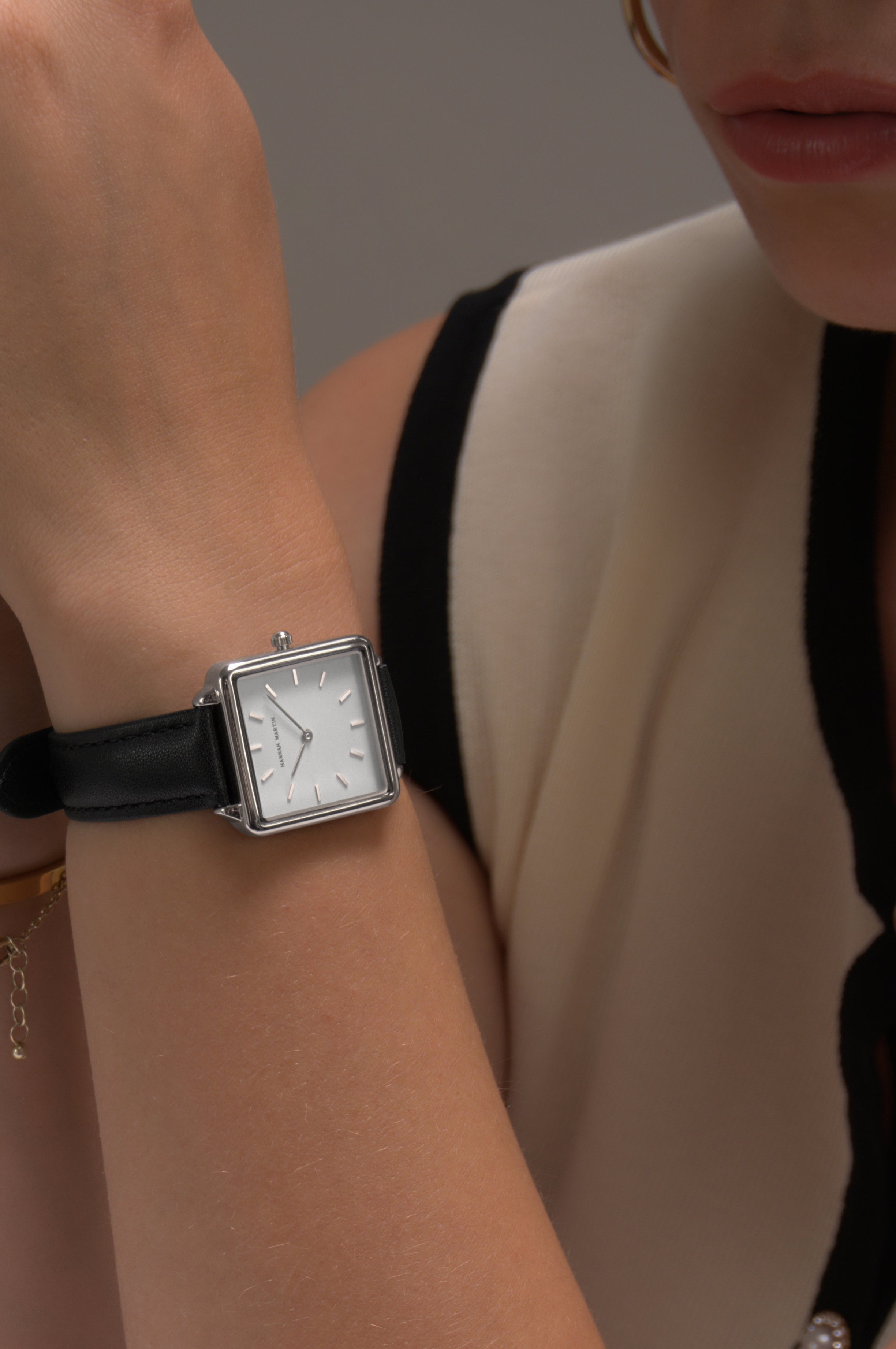 Elegant Celeste Square Watch in Silver with Sparkling White Dial and Luxury Black Leather Strap