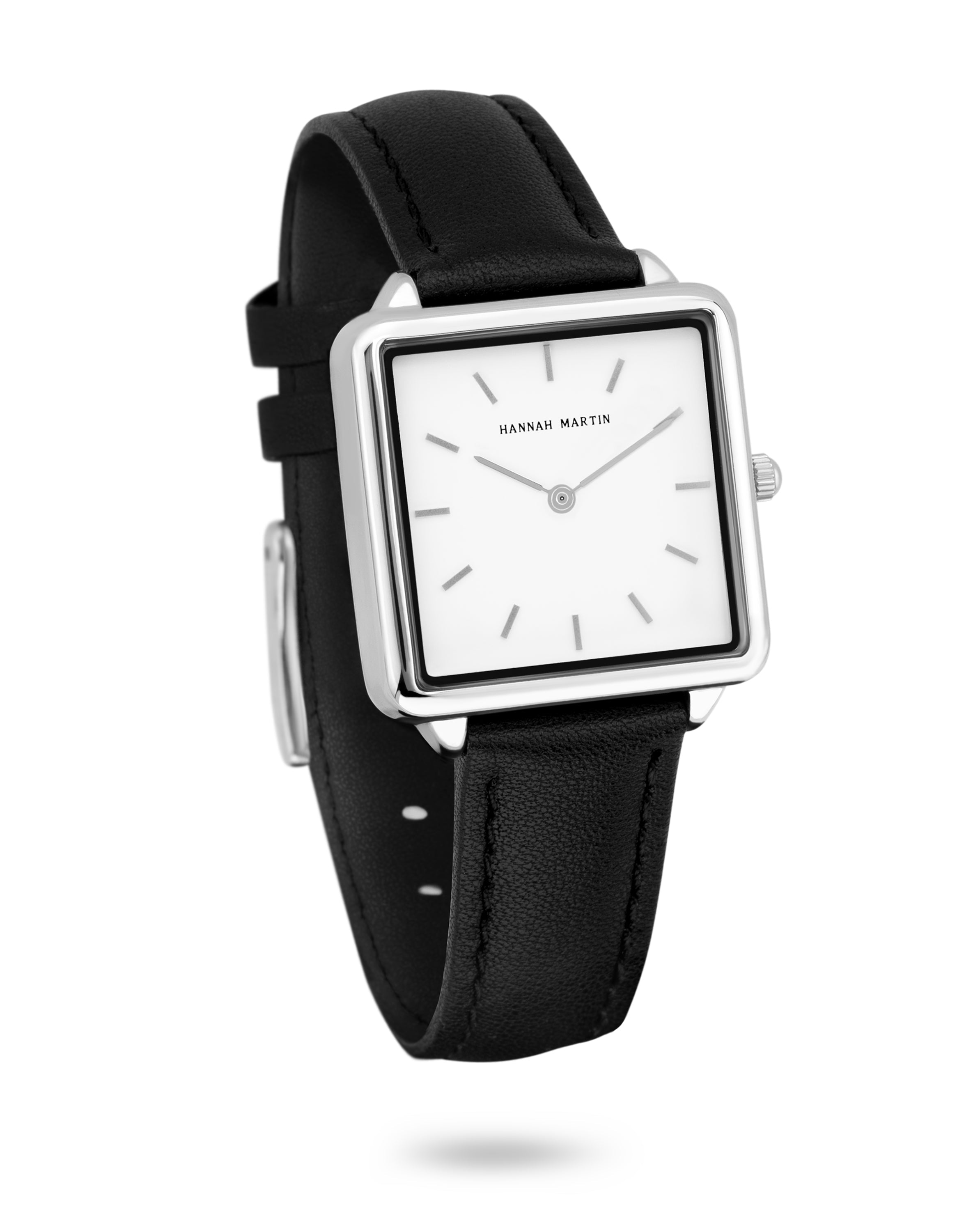 Elegant Celeste Square Watch in Silver with Sparkling White Dial and Luxury Black Leather Strap