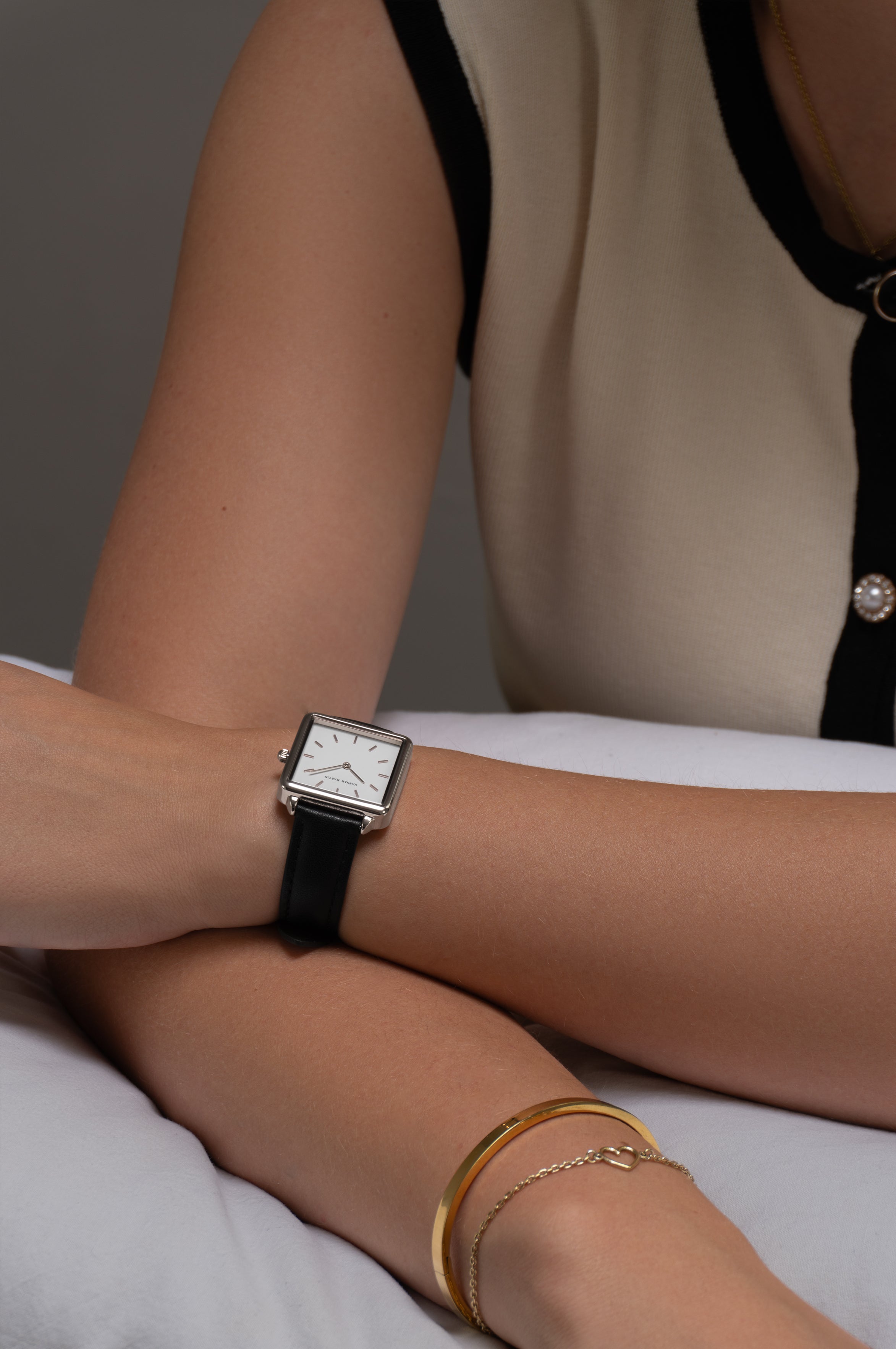 Elegant Celeste Square Watch in Silver with Sparkling White Dial and Luxury Black Leather Strap
