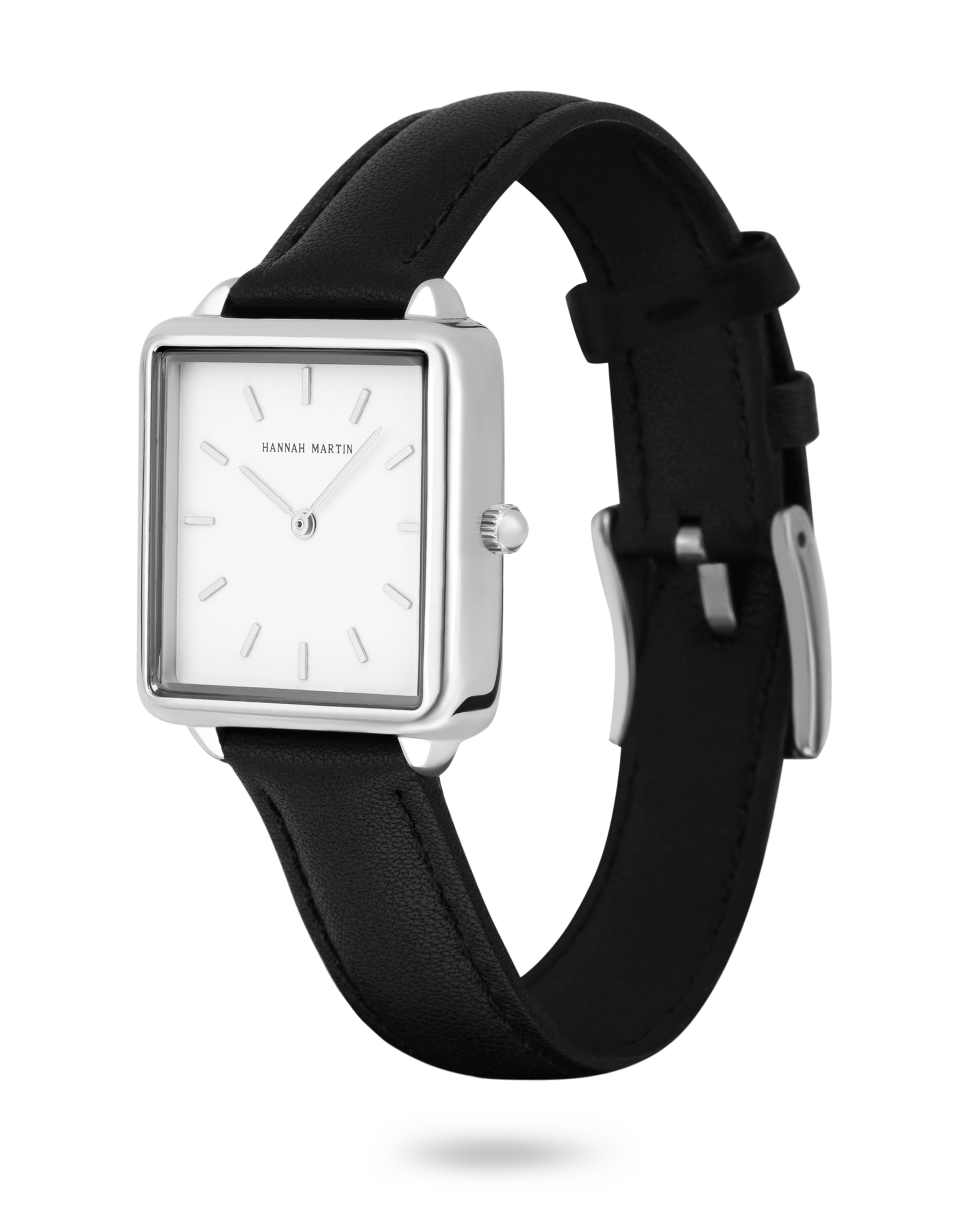 Elegant Celeste Square Watch in Silver with Sparkling White Dial and Luxury Black Leather Strap