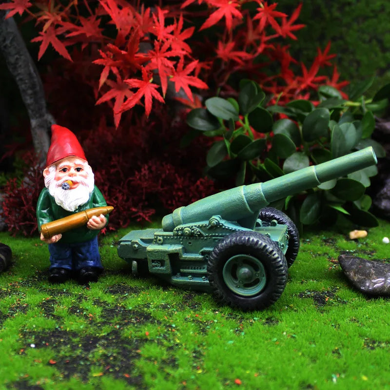 Palladia - 2-Piece Mini Resin Gnome Statue with Cannon for Play Fun