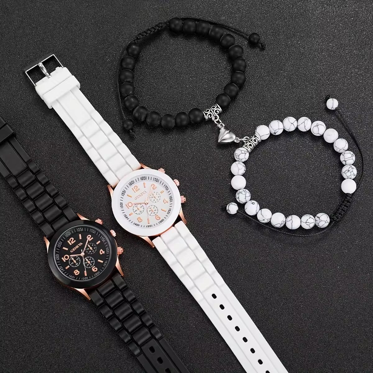 Quartz watch set with classic silicone strap and matching bracelet for a stylish and trendy look