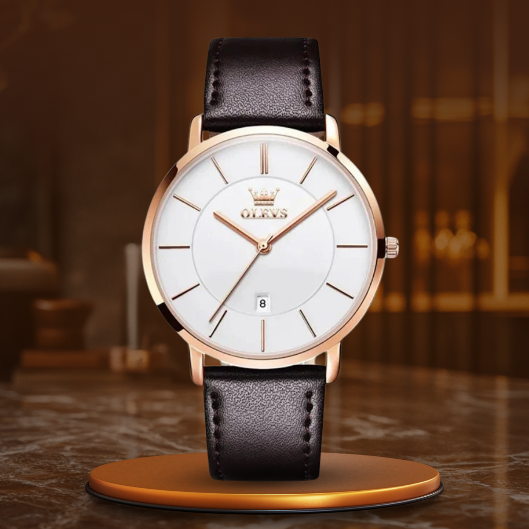 Elegant watch with leather strap and date display