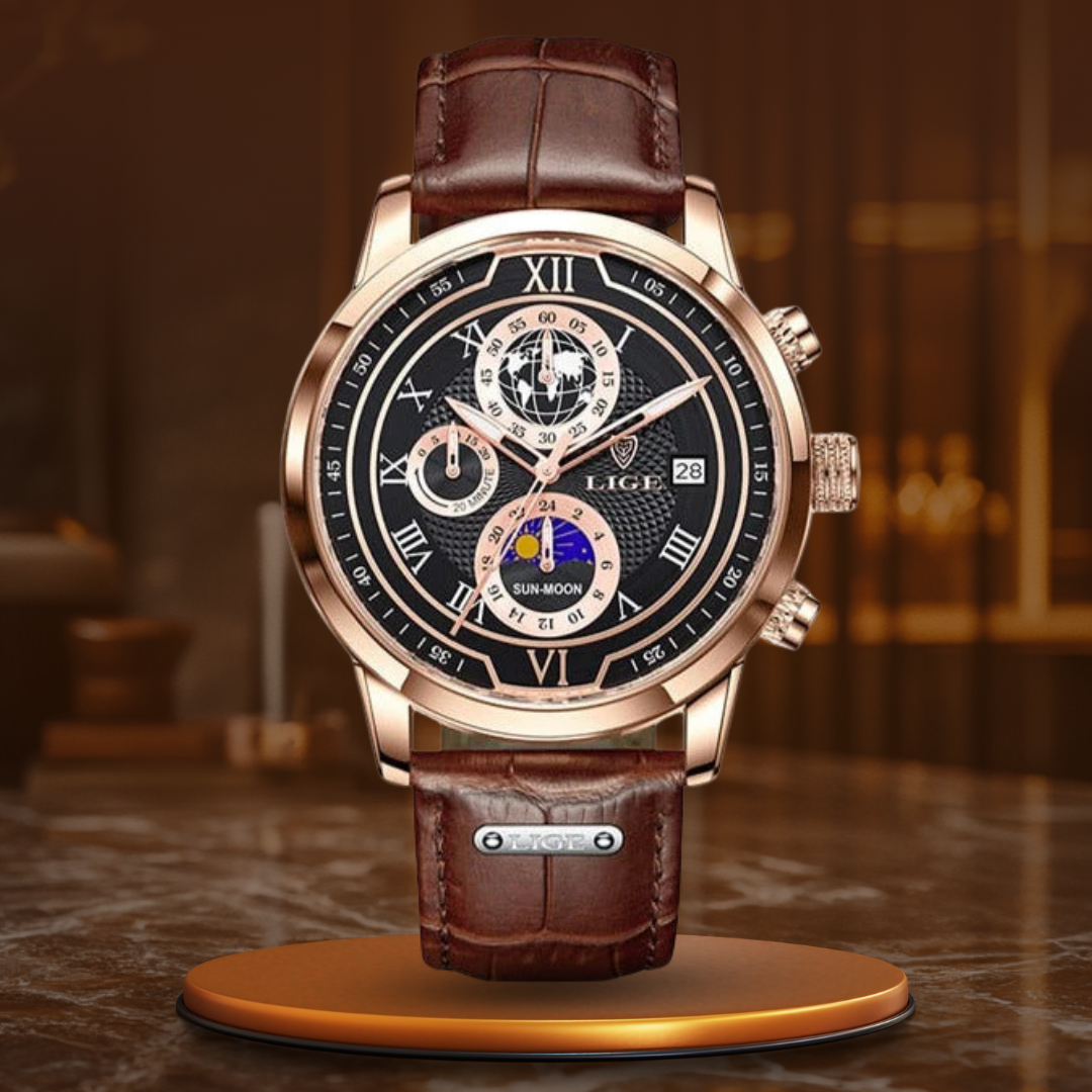 Watch with elegant chronograph and high-quality leather strap