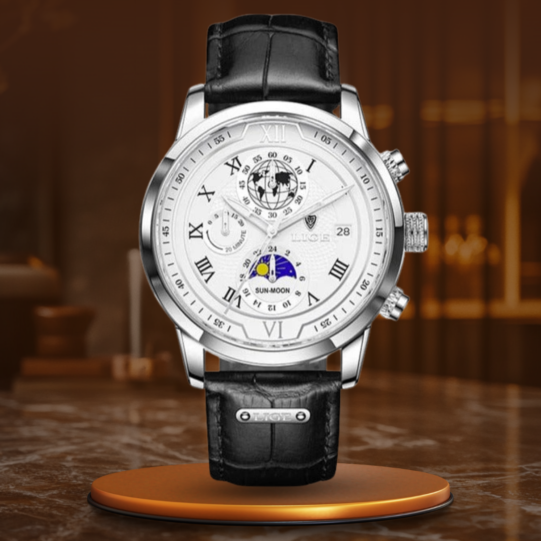 Watch with elegant chronograph and high-quality leather strap