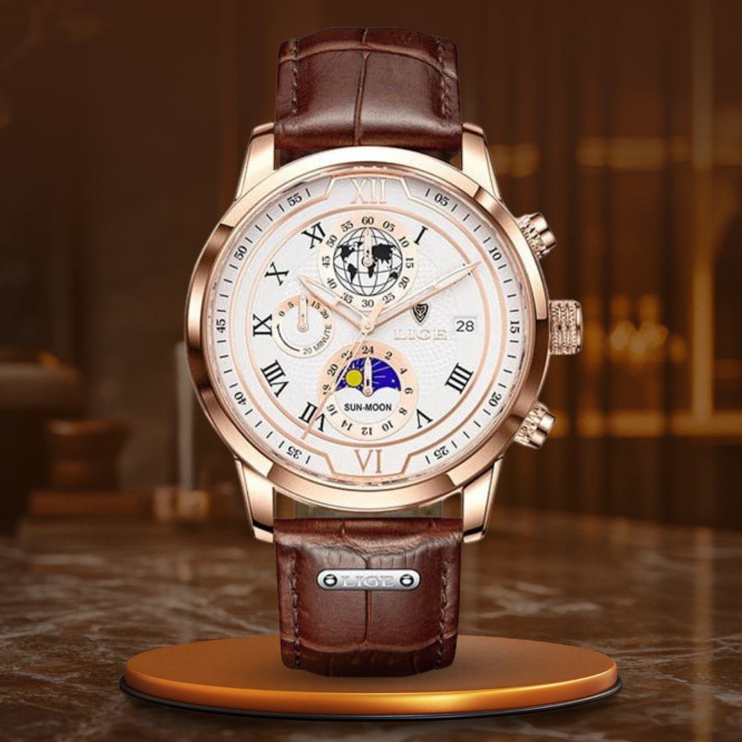 Watch with elegant chronograph and high-quality leather strap