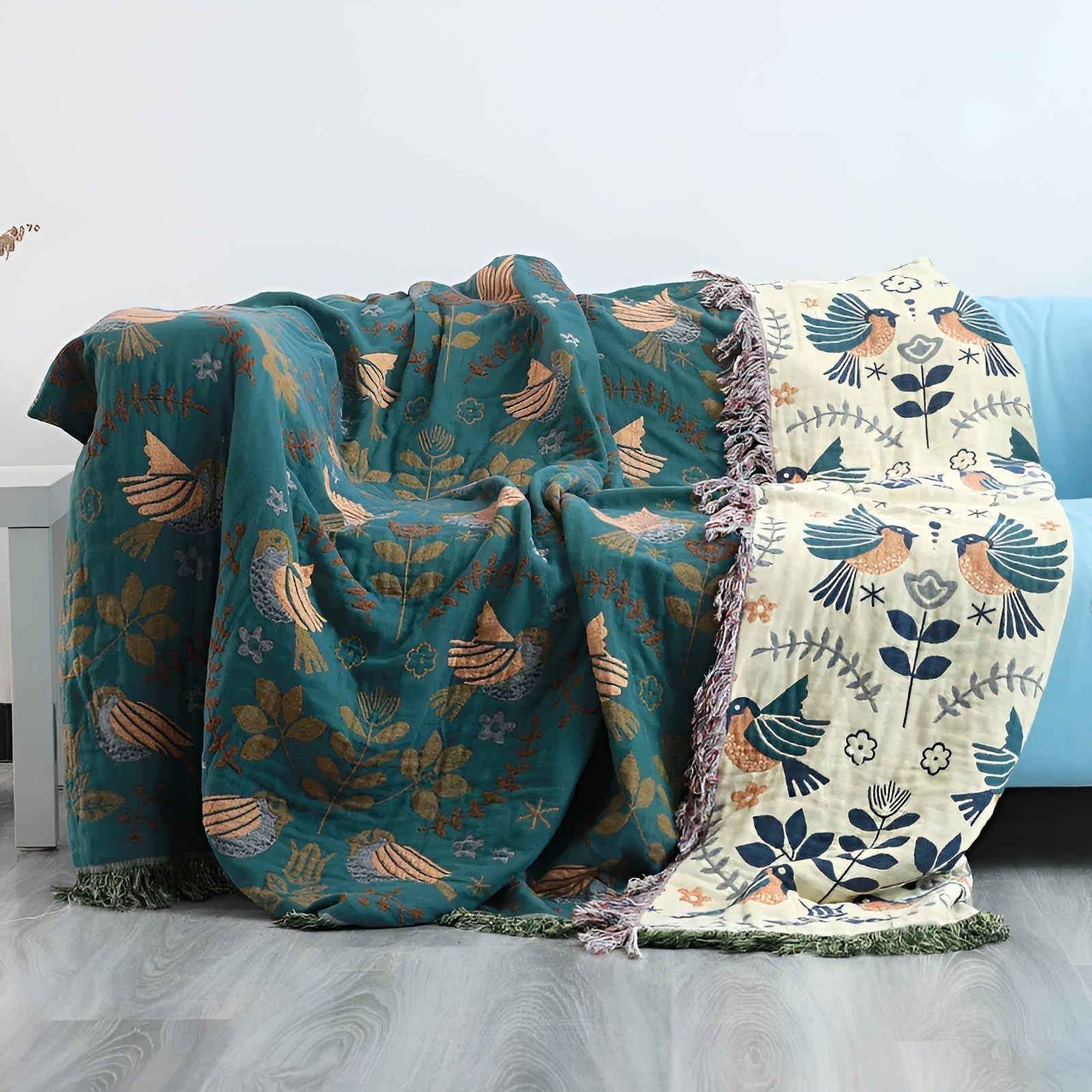 Reversible Cotton Blanket with Flower and Bird Pattern – Green Sleepy Choice in 150x200 cm or 200x230 cm